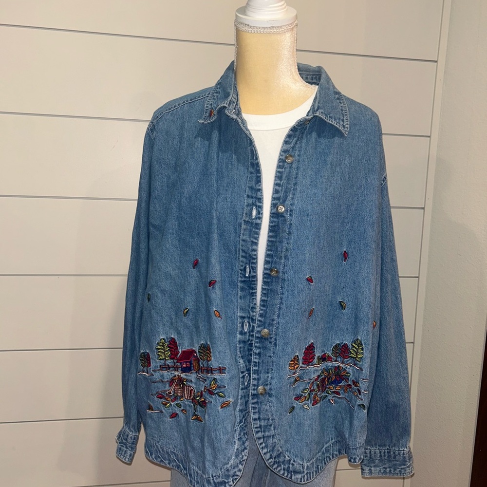 Sky Blue Denim Shirt with fall scene